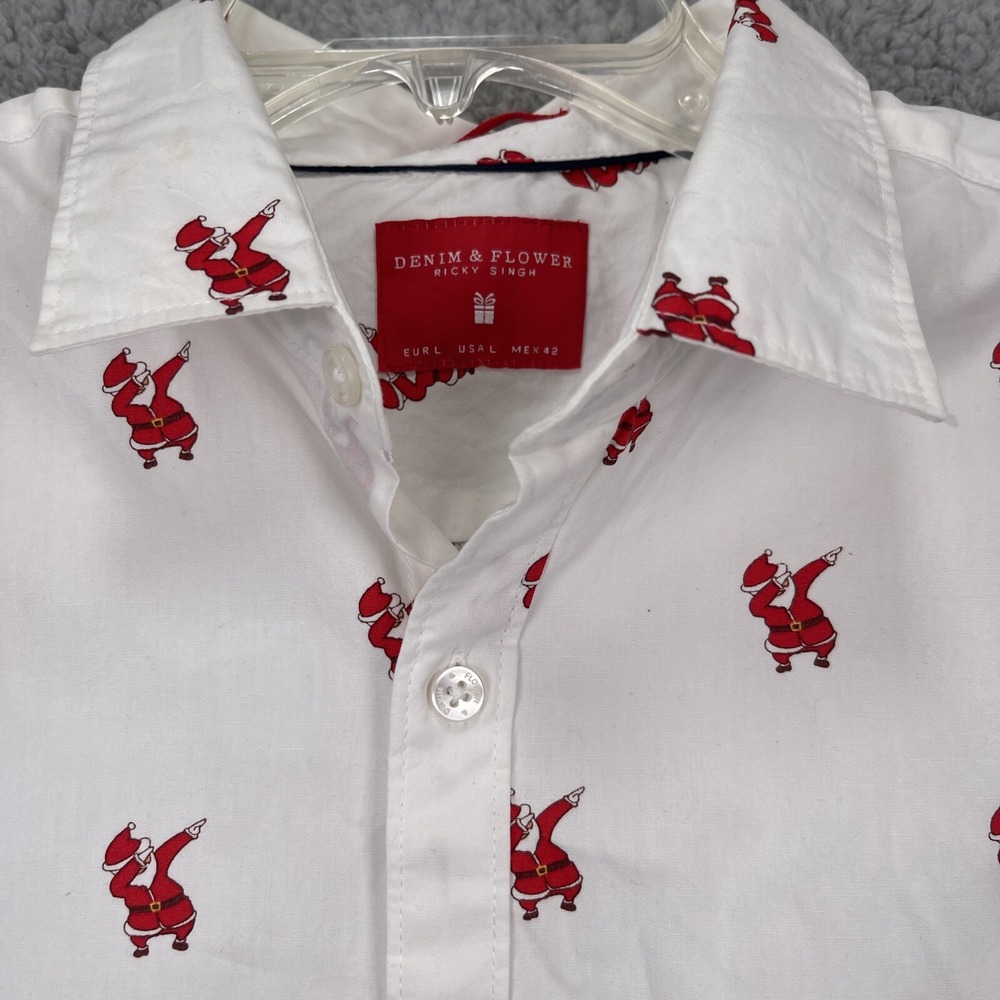 Denim & Flower Mens Ricky Singh Christmas Shirt Dabbing Santa Claus White Medium
